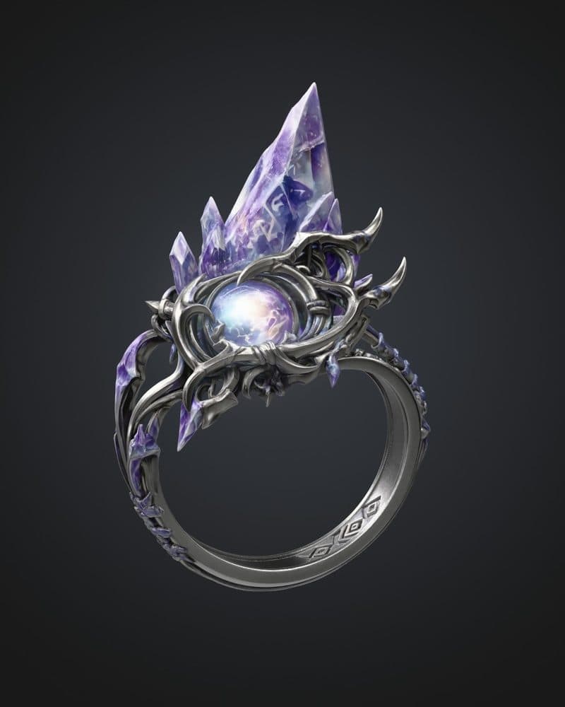 Front view of a silver ring crowned with violet crystals