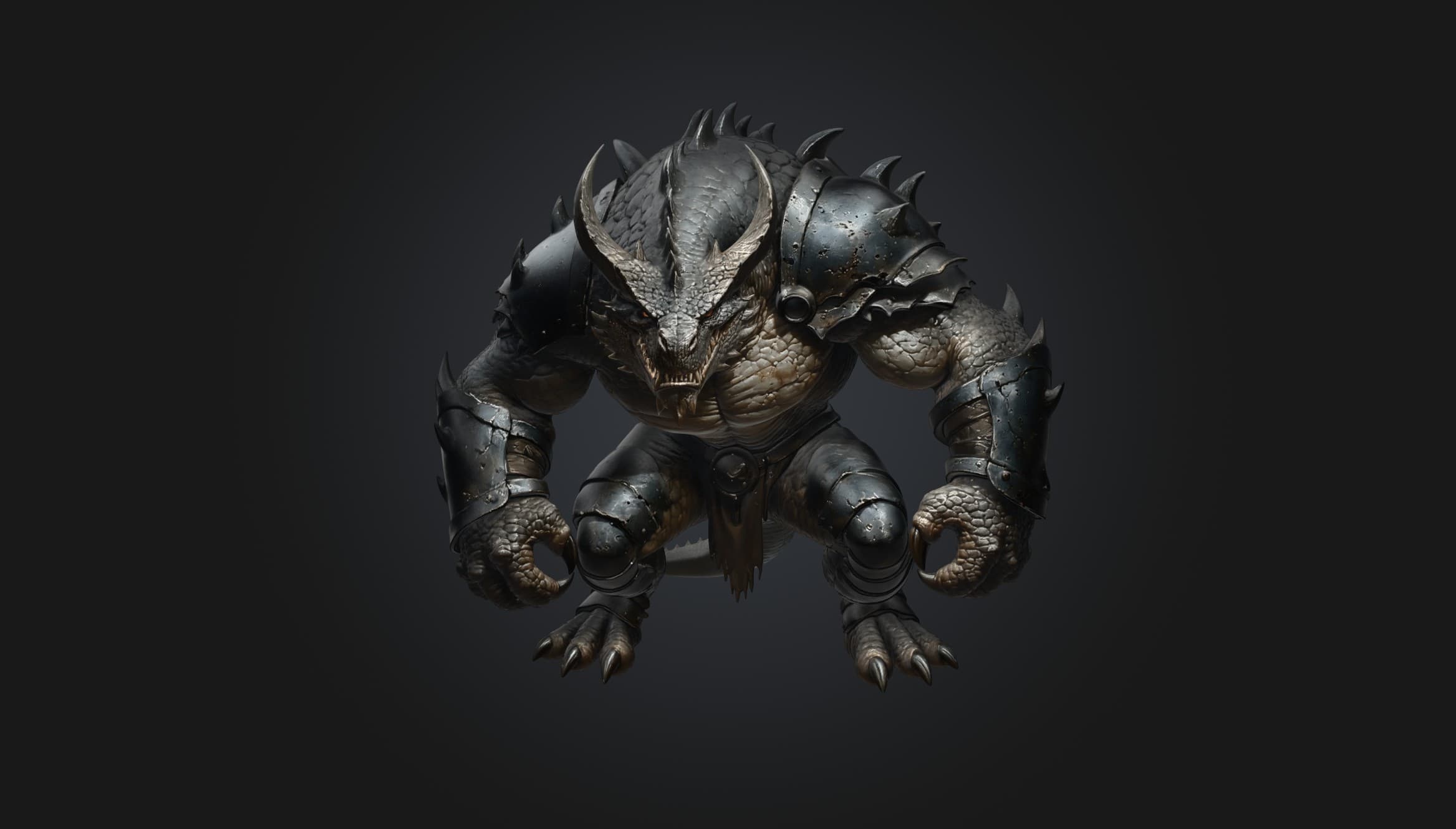 Front view of a crouched reptilian creature in dark plate armor
