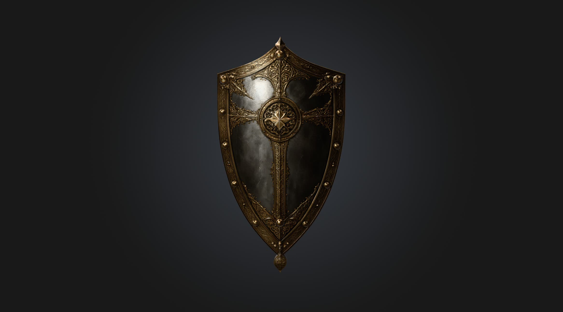 Front view of a dark pointed shield with gold ornament